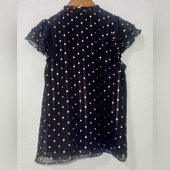 1. State Tie Neck Ruffle Flutter Sleeve Black and Gold Foil Polka Dot Blouse Top - Picture 2 of 3